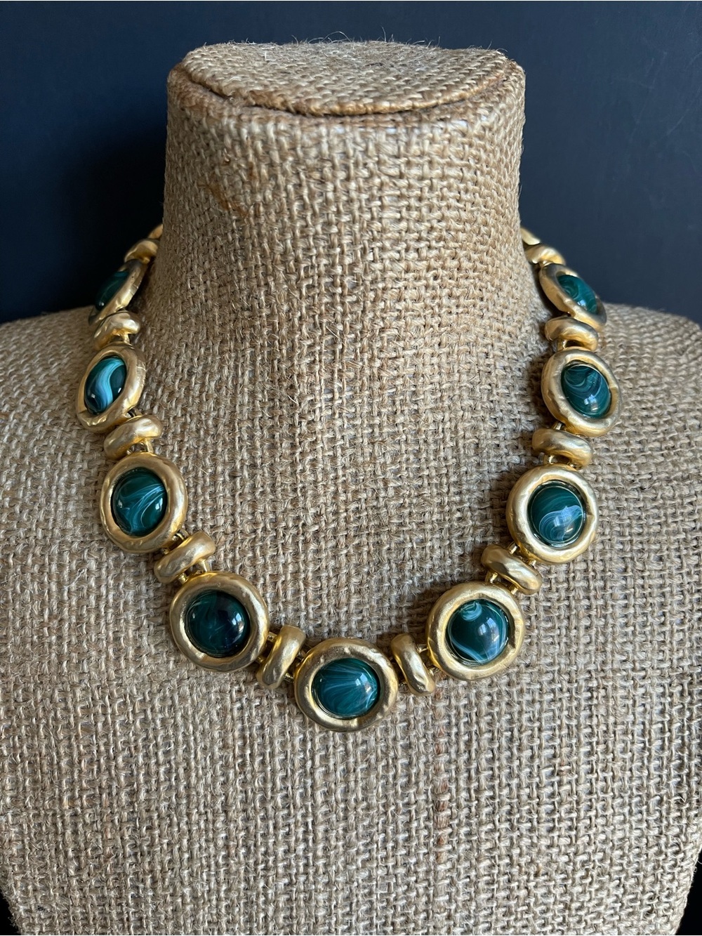 Vintage Gold-Tone Necklace with faux Green Malachite Cabochons.